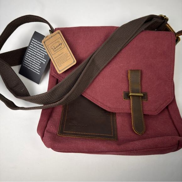 NWT VASCHY Small Messenger BagVintage Canvas Leather Crossbody Burgundy - Picture 3 of 9
